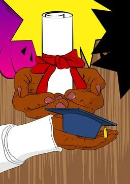 Cartoon, comic book human hands holding Graduation Cap and Rolled Up Diplom.. Illustrazione stock