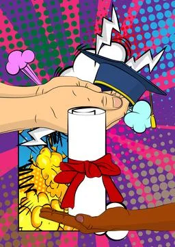 Cartoon, comic book human hands holding Graduation Cap and Rolled Up Diplom.. Illustrazione stock