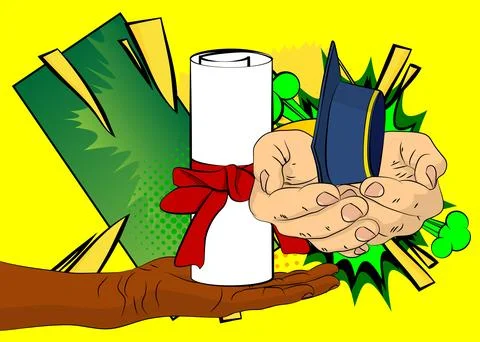Cartoon, comic book human hands holding Graduation Cap and Rolled Up Diplom.. Illustrazione stock