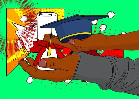 Cartoon, comic book human hands holding Graduation Cap and Rolled Up Diplom.. Illustrazione stock