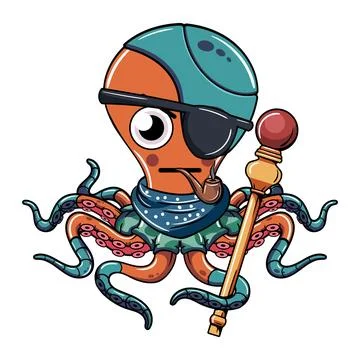 Cartoon comic character cyborg octopus with pirate patch smoking a pipe wit.. Stock Illustration