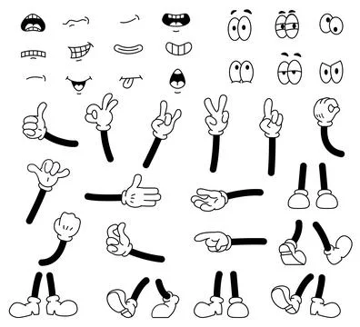 Cartoon comic character elements. Set of line icons with groovy hands in gloves Stock Illustration