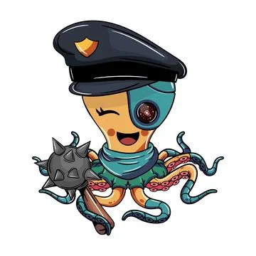 Cartoon comic character octopus cyborg policeman with a war mace. Illustrat.. Stock Illustration