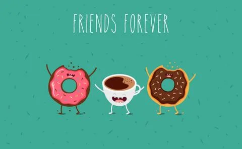 Cartoon comic coffee cup and donut. Take coffee and donut with you. Vector Illustrazione stock