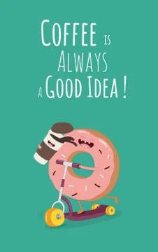 Cartoon comic coffee cup and donut. Take coffee and donut with you. Vector Stock Illustration