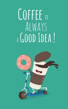 Cartoon comic coffee cup and donut. Take coffee and donut with you. Vector Stock Illustration