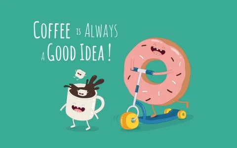 Cartoon comic coffee cup and donut. Take coffee and donut with you. Vector Stock Illustration