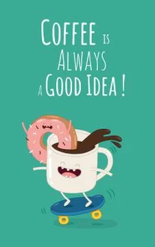 Cartoon comic coffee cup and donut. Take coffee and donut with you. Vector Stock Illustration