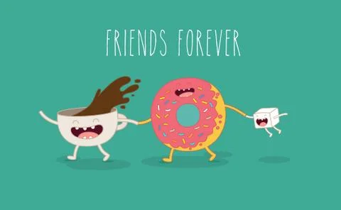 Cartoon comic coffee cup and donut. Take coffee and donut with you. Vector Stock Illustration