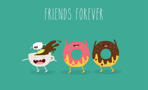 Cartoon comic coffee cup and donut. Take coffee and donut with you. Vector Stock Illustration
