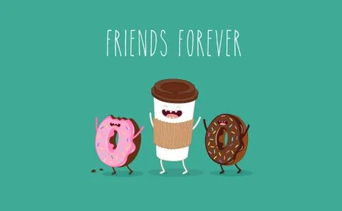 Cartoon comic coffee cup and donut. Take coffee and donut with you. Vector Stock Illustration