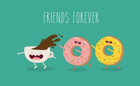 Cartoon comic coffee cup and donut. Take coffee and donut with you. Vector Illustrazione stock