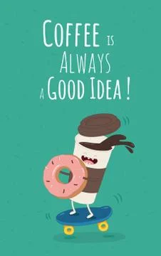 Cartoon comic coffee cup and donut. Take coffee and donut with you. Vector Illustrazione stock