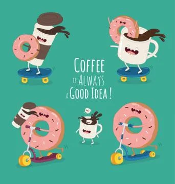 Cartoon comic coffee cup and donut. Take coffee and donut with you. Vector Stock Illustration