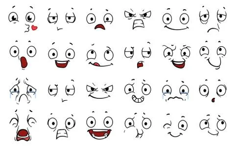 Cartoon comic faces. Expressions eye, emoji wink crazy boring and angry. Funny Stock Illustration