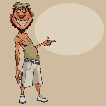 Cartoon comic smiling man in summer clothes points finger at blank banner Stock Illustration