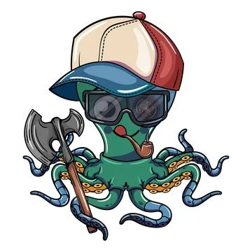Cartoon comics character of cute cyborg octopus with his cap, safety glasse.. Stock Illustration