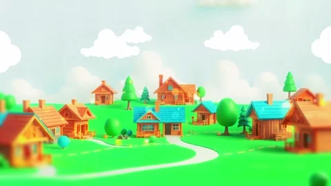 A Cartoon community Surrounded By Fields of Green and beautiful Homes. Stock Footage 308844557