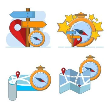 Cartoon compass and map pin illustration set Stockillustratie