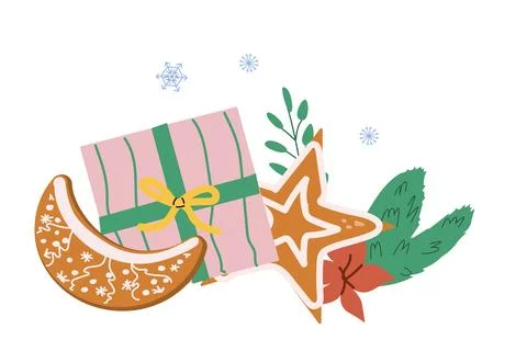 Cartoon composition with christmas cookie and gift, fir branch. Stock Illustration