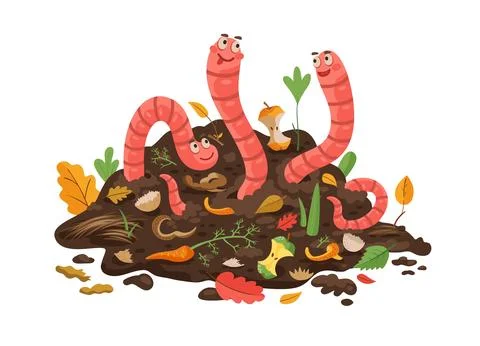 Cartoon compost worm in soil, funny earthworms Stockillustratie