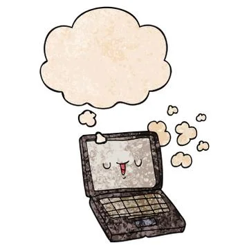 Cartoon computer and thought bubble in grunge texture pattern style 스톡 일러스트