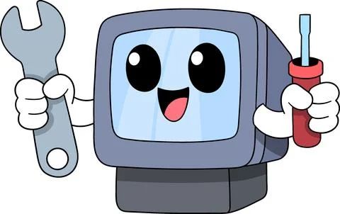 Cartoon Computer Character with Tools 스톡 일러스트