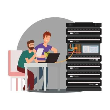 Cartoon computer engineers working with server Illustrazione stock