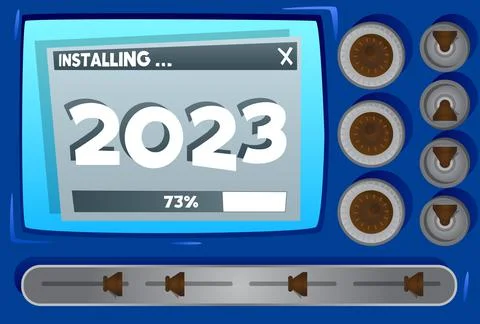 Cartoon Computer With the number 2023. Message of a screen displaying an inst Stock Illustration