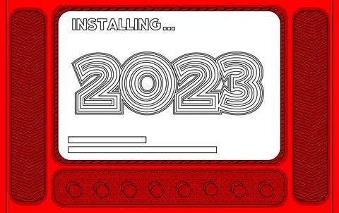 Cartoon Computer With the number 2023. Message of a screen displaying an inst Illustrazione stock