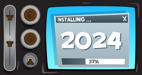 Cartoon Computer With the number 2024. Message of a screen displaying an in.. Illustrazione stock