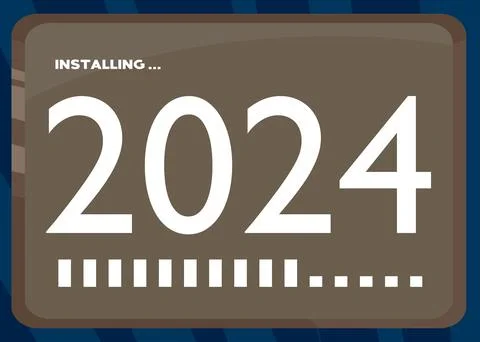 Cartoon Computer With the number 2024. Message of a screen displaying an in.. Illustrazione stock