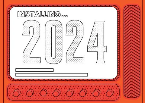 Cartoon Computer With the number 2024. Message of a screen displaying an in.. Illustrazione stock