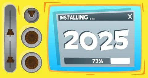 Cartoon Computer With the number 2025. Message of a screen displaying an in.. Stock Illustration