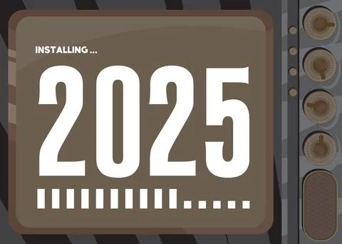 Cartoon Computer With the number 2025. Message of a screen displaying an in.. Stock Illustration