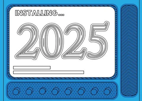 Cartoon Computer With the number 2025. Message of a screen displaying an in.. Illustrazione stock