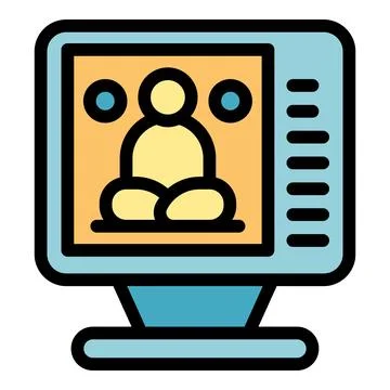 Cartoon computer screen displaying meditating person icon, symbolizing online イラスト素材