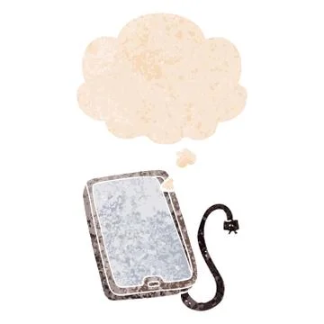 Cartoon computer tablet and thought bubble in retro textured style 스톡 일러스트