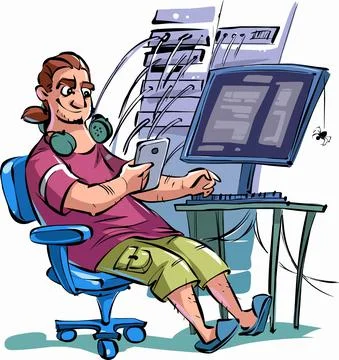 Cartoon computer user sitting at his desk in front of a monitor and looks at  Stockillustratie