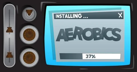 Cartoon Computer With the word Aerobics. Message of a screen displaying an in Stock Illustration