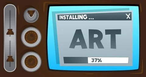 Cartoon Computer With the word Art. Message of a screen displaying an install Stock-Illustration