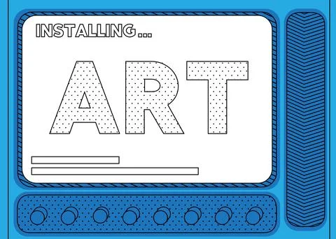 Cartoon Computer With the word Art. Message of a screen displaying an install Ilustración de archivo