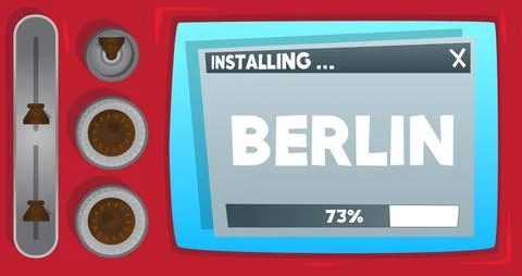 Cartoon Computer With the word Berlin. Message of a screen displaying an inst Stock Illustration