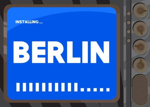 Cartoon Computer With the word Berlin. Message of a screen displaying an inst Illustrazione stock