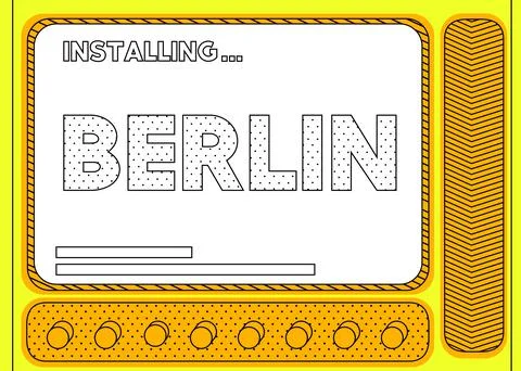 Cartoon Computer With the word Berlin. Message of a screen displaying an inst Иллюстрация
