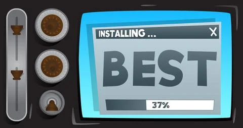Cartoon Computer With the word Best. Message of a screen displaying an instal Stock Illustration