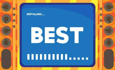 Cartoon Computer With the word Best. Message of a screen displaying an instal Illustrazione stock