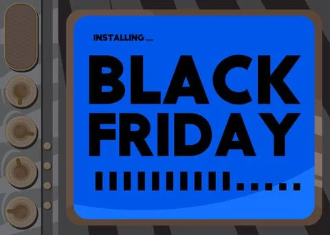 Cartoon Computer With the word Black Friday. Message of a screen displaying a Stock Illustration