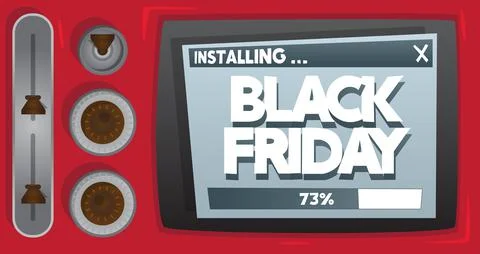 Cartoon Computer With the word Black Friday. Message of a screen displaying a Stock Illustration