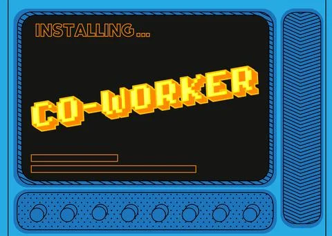 Cartoon Computer With the word Co-worker. Message of a screen displaying an.. Illustrazione stock